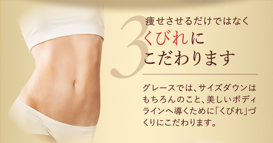 痩せさせるだけではなくくびれにこだわります グレースでは、サイズダウンはもちろんのこと、美しいボディラインへ導くために「くびれ」づくりにこだわります。 